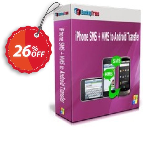 Backuptrans iPhone SMS + MMS to Android Transfer, Family Edition Coupon, discount Holiday Deals. Promotion: amazing promotions code of Backuptrans iPhone SMS + MMS to Android Transfer (Family Edition) 2024