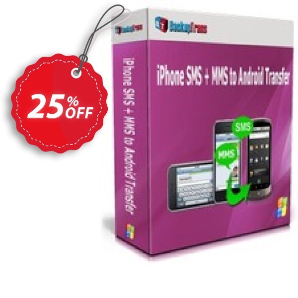 Backuptrans iPhone SMS + MMS to Android Transfer, Business Edition Coupon, discount Holiday Deals. Promotion: super sales code of Backuptrans iPhone SMS + MMS to Android Transfer (Business Edition) 2024