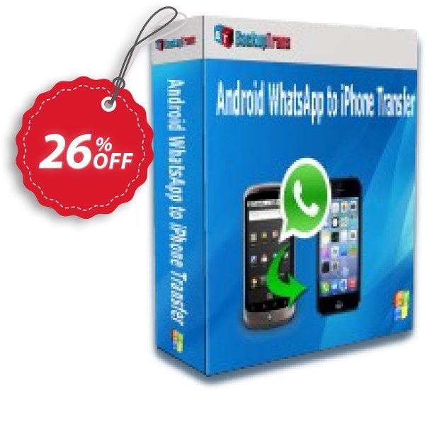 Backuptrans Android WhatsApp to iPhone Transfer Coupon, discount Backuptrans Android WhatsApp to iPhone Transfer (Personal Edition) excellent discount code 2024. Promotion: dreaded offer code of Backuptrans Android WhatsApp to iPhone Transfer (Personal Edition) 2024