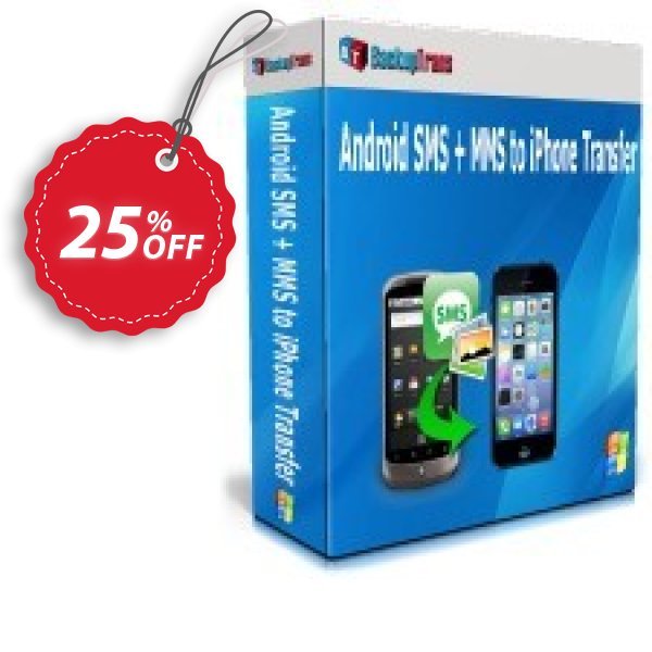 Backuptrans Android SMS + MMS to iPhone Transfer Coupon, discount Holiday Deals. Promotion: best offer code of Backuptrans Android SMS + MMS to iPhone Transfer (Personal Edition) 2024