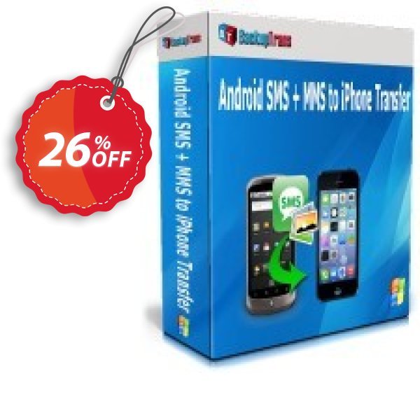 Backuptrans Android SMS + MMS to iPhone Transfer, Family Edition Coupon, discount Holiday Deals. Promotion: big discount code of Backuptrans Android SMS + MMS to iPhone Transfer (Family Edition) 2024