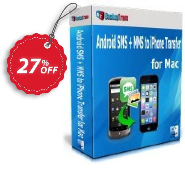 Backuptrans Android SMS + MMS to iPhone Transfer for MAC Coupon, discount Holiday Deals. Promotion: awesome offer code of Backuptrans Android SMS + MMS to iPhone Transfer for Mac (Personal Edition) 2024