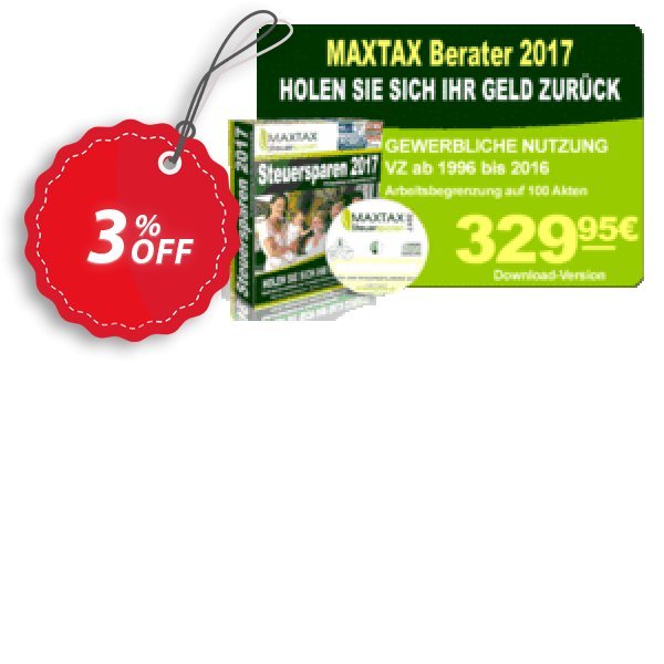 MAXTAX - Beraterversion 2017 - 100 Akten Coupon, discount MAXTAX SPAR-ABO. Promotion: excellent sales code of MAXTAX - Beraterversion 2017 - 100 Akten 2024