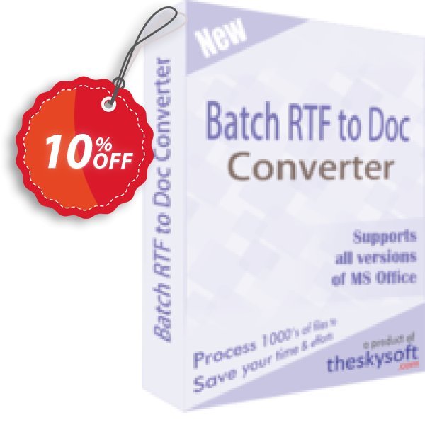 TheSkySoft Batch RTF to Doc Converter Coupon, discount 10%Discount. Promotion: marvelous discounts code of Batch RTF to Doc Converter 2024