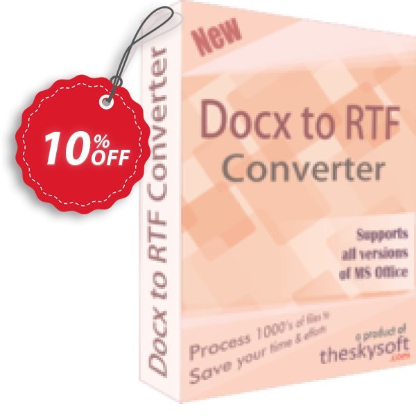 TheSkySoft DOCX TO RTF Converter Coupon, discount 10%Discount. Promotion: super discount code of DOCX TO RTF Converter 2024
