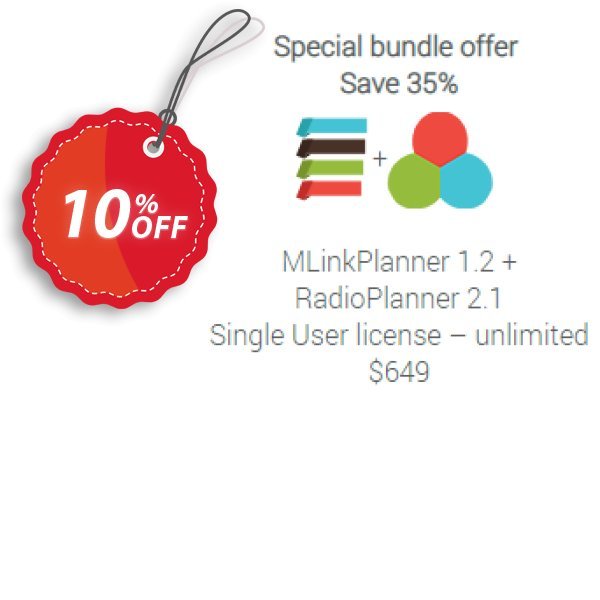 Special Bundle: MLinkPlanner 1.2 + RadioPlanner 2.1 Unlimited Coupon, discount MLinkPlanner 1.2 Single User license unlimited + RadioPlanner 2.1 Single User license unlimited awful deals code 2024. Promotion: awful deals code of MLinkPlanner 1.2 Single User license unlimited + RadioPlanner 2.1 Single User license unlimited 2024
