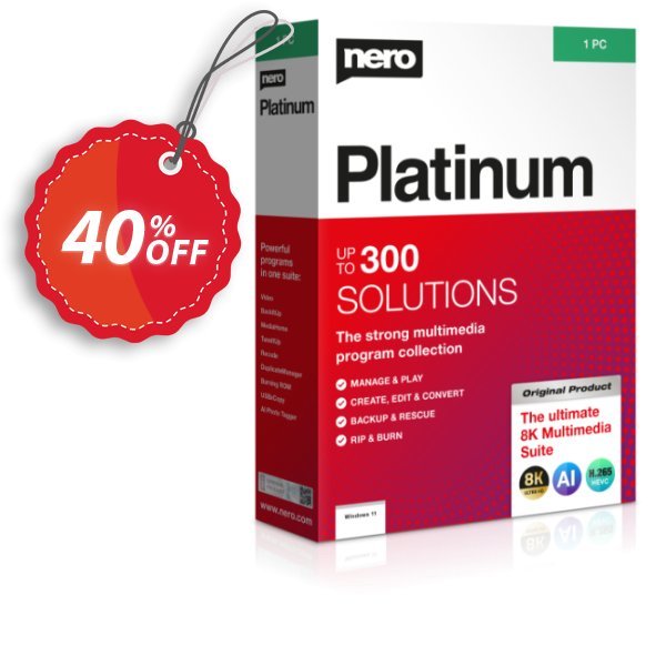 Nero Platinum Suite 2024, 1-year Plan  Coupon, discount 40% OFF Nero Platinum Suite 2024 (1-year License), verified. Promotion: Staggering deals code of Nero Platinum Suite 2024 (1-year License), tested & approved