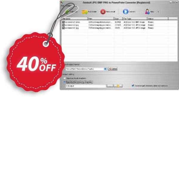 Aostsoft JPG BMP PNG to PowerPoint Converter Coupon, discount Aostsoft JPG BMP PNG to PowerPoint Converter Amazing offer code 2024. Promotion: Amazing offer code of Aostsoft JPG BMP PNG to PowerPoint Converter 2024