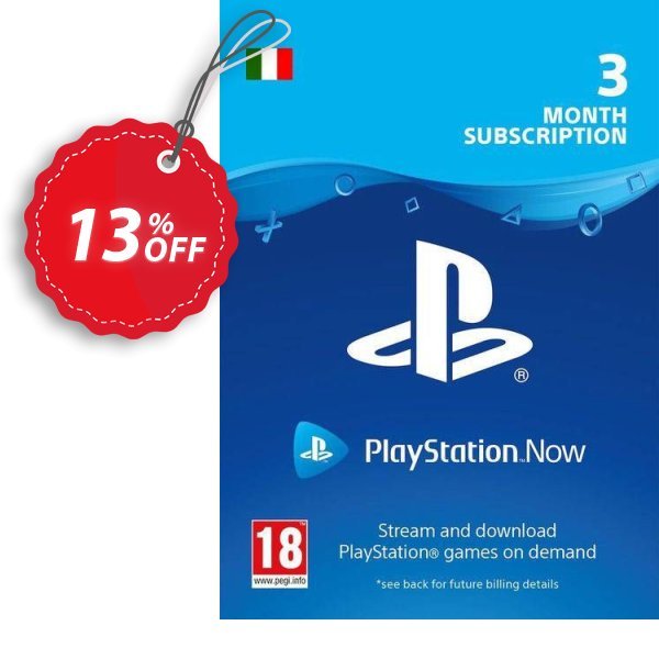 PS Now 3 Month Subscription, Italy  Coupon, discount PlayStation Now 3 Month Subscription (Italy) Deal. Promotion: PlayStation Now 3 Month Subscription (Italy) Exclusive offer 