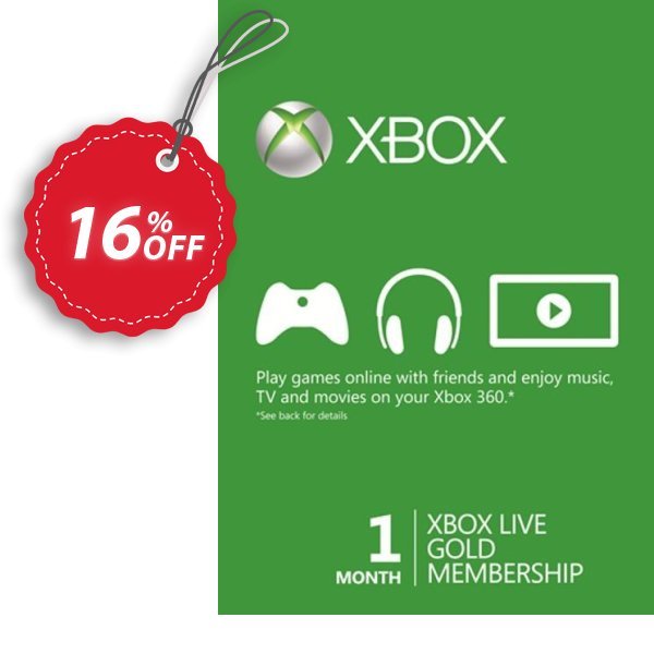 Monthly Xbox Live Gold Membership, Xbox One/360  Coupon, discount 1 Month Xbox Live Gold Membership (Xbox One/360) Deal. Promotion: 1 Month Xbox Live Gold Membership (Xbox One/360) Exclusive offer 