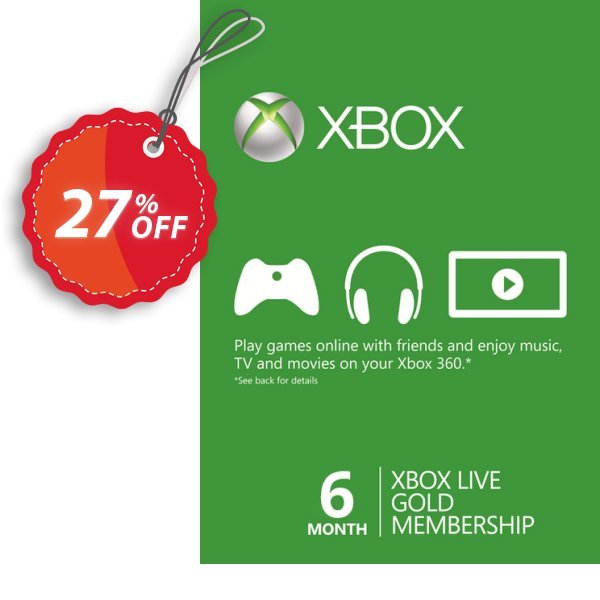 6 Month Xbox Live Gold Membership, Xbox One/360  Coupon, discount 6 Month Xbox Live Gold Membership (Xbox One/360) Deal. Promotion: 6 Month Xbox Live Gold Membership (Xbox One/360) Exclusive offer 