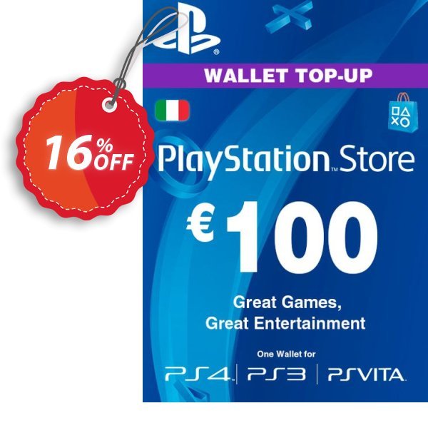 PS Network, PSN Card - 100 EUR, Italy  Coupon, discount Playstation Network (PSN) Card - 100 EUR (Italy) Deal. Promotion: Playstation Network (PSN) Card - 100 EUR (Italy) Exclusive offer 