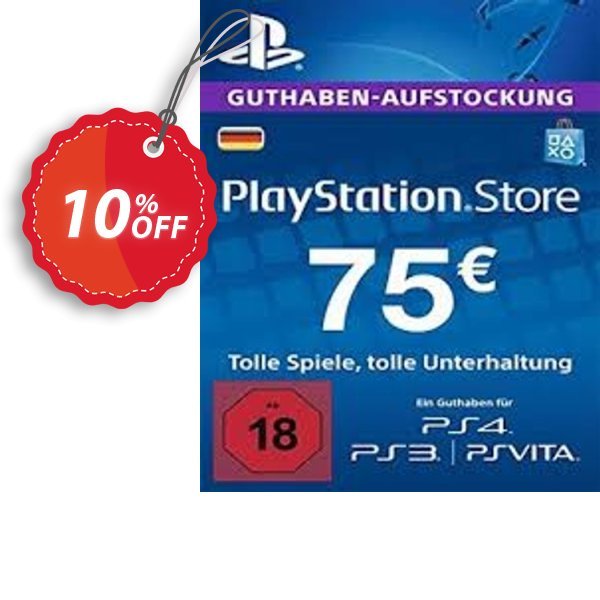 PS Network, PSN Card - 75 EUR, Germany  Coupon, discount PlayStation Network (PSN) Card - 75 EUR (Germany) Deal. Promotion: PlayStation Network (PSN) Card - 75 EUR (Germany) Exclusive offer 