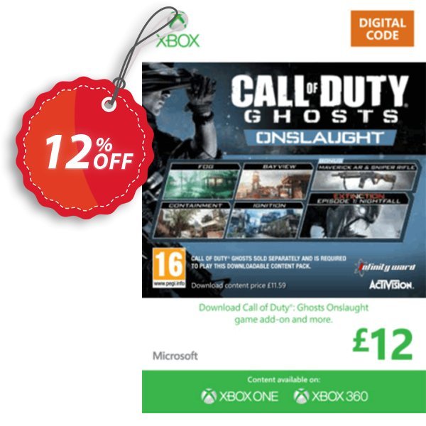 Xbox Live 12 GBP Gift Card: Call of Duty Ghosts Onslaught, Xbox 360  Coupon, discount Xbox Live 12 GBP Gift Card: Call of Duty Ghosts Onslaught (Xbox 360) Deal. Promotion: Xbox Live 12 GBP Gift Card: Call of Duty Ghosts Onslaught (Xbox 360) Exclusive Easter Sale offer 
