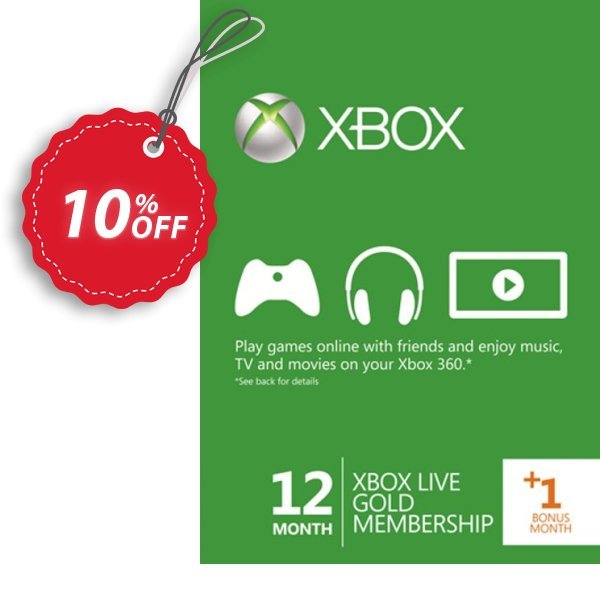 12 + Monthly Xbox Live Gold Membership, Xbox 360  Coupon, discount 12 + 1 Month Xbox Live Gold Membership (Xbox 360) Deal. Promotion: 12 + 1 Month Xbox Live Gold Membership (Xbox 360) Exclusive Easter Sale offer 