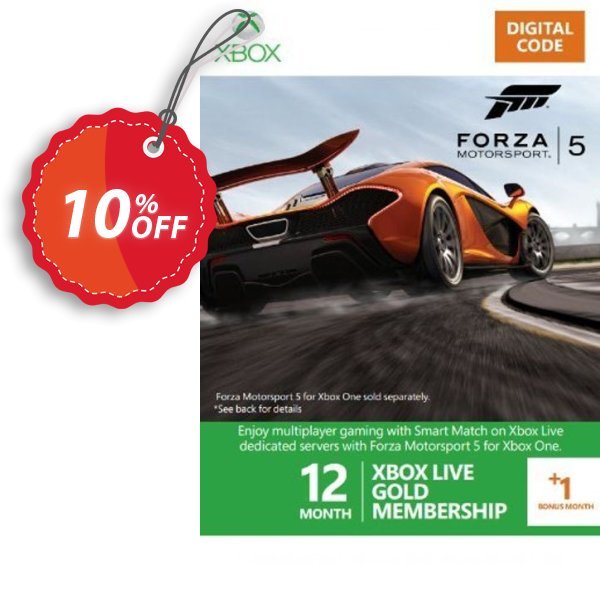 12 + Monthly Xbox Live Gold Membership - Forza 5 Branded, Xbox One/360  Coupon, discount 12 + 1 Month Xbox Live Gold Membership - Forza 5 Branded (Xbox One/360) Deal. Promotion: 12 + 1 Month Xbox Live Gold Membership - Forza 5 Branded (Xbox One/360) Exclusive Easter Sale offer 
