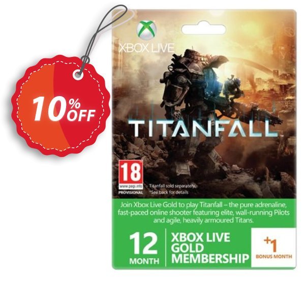 12 + Monthly Xbox Live Gold Membership - Titanfall Branded, Xbox One/360  Coupon, discount 12 + 1 Month Xbox Live Gold Membership - Titanfall Branded (Xbox One/360) Deal. Promotion: 12 + 1 Month Xbox Live Gold Membership - Titanfall Branded (Xbox One/360) Exclusive Easter Sale offer 