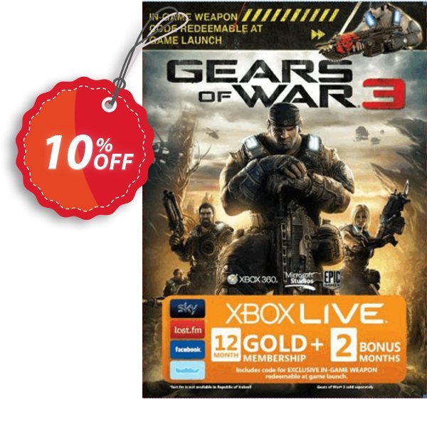 12 + 2 Month Xbox Live Gold Membership - Gears of War 3 Branded, Xbox One/360  Coupon, discount 12 + 2 Month Xbox Live Gold Membership - Gears of War 3 Branded (Xbox One/360) Deal. Promotion: 12 + 2 Month Xbox Live Gold Membership - Gears of War 3 Branded (Xbox One/360) Exclusive Easter Sale offer 