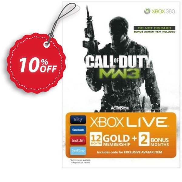 12 + 2 Month Xbox Live Gold Membership - MW3 Branded, Xbox One/360  Coupon, discount 12 + 2 Month Xbox Live Gold Membership - MW3 Branded (Xbox One/360) Deal. Promotion: 12 + 2 Month Xbox Live Gold Membership - MW3 Branded (Xbox One/360) Exclusive Easter Sale offer 