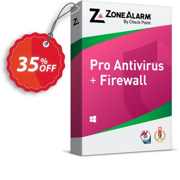 ZoneAlarm Pro Antivirus + Firewall, 10 PCs Plan  Coupon, discount 35% OFF ZoneAlarm Pro Antivirus + Firewall (10 PCs License), verified. Promotion: Amazing offer code of ZoneAlarm Pro Antivirus + Firewall (10 PCs License), tested & approved