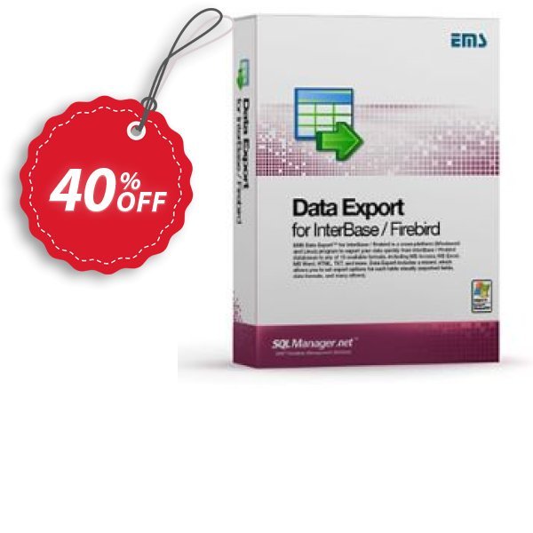 EMS Data Export for InterBase/Firebird, Business + Yearly Maintenance Coupon, discount Apply your reseller coupon code at checkout for stacked savings. Promotion: EMS Data Export for InterBase/Firebird (Business) + 1 Year Maintenance Exclusive offer
