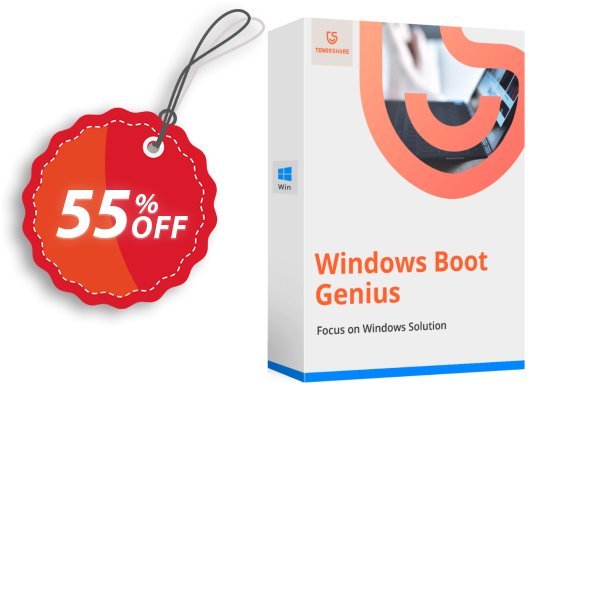 Tenorshare WINDOWS Boot Genius, Unlimited PCs  Coupon, discount 55% OFF Tenorshare Windows Boot Genius (Unlimited PCs), verified. Promotion: Stunning promo code of Tenorshare Windows Boot Genius (Unlimited PCs), tested & approved