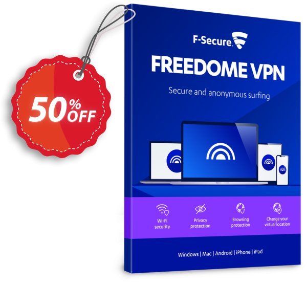 F-Secure FREEDOME VPN 7 devices, 2 Years  Coupon, discount 50% OFF F-Secure FREEDOME VPN 7 devices (2 Years), verified. Promotion: Imposing offer code of F-Secure FREEDOME VPN 7 devices (2 Years), tested & approved