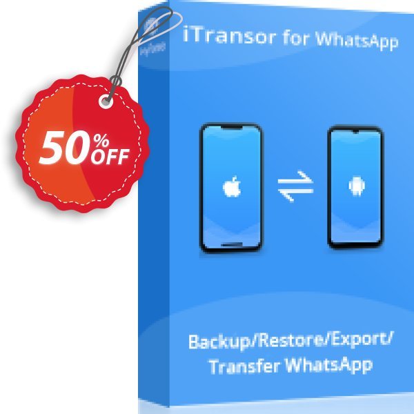 iTransor for WhatsApp MAC Version, 10 Devices/Lifetime  Coupon, discount 50% OFF iTransor for WhatsApp Mac Version (10 Devices/Lifetime), verified. Promotion: Awful offer code of iTransor for WhatsApp Mac Version (10 Devices/Lifetime), tested & approved